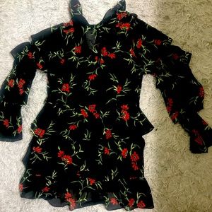 Black (floral print) bell sleeves sheer dress